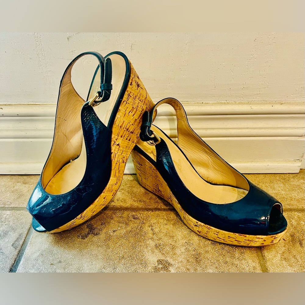 Stuart Wietzman BEAUTIFUL Blue Patten Leather Open Toe, Sling Back, Cork Wedge
